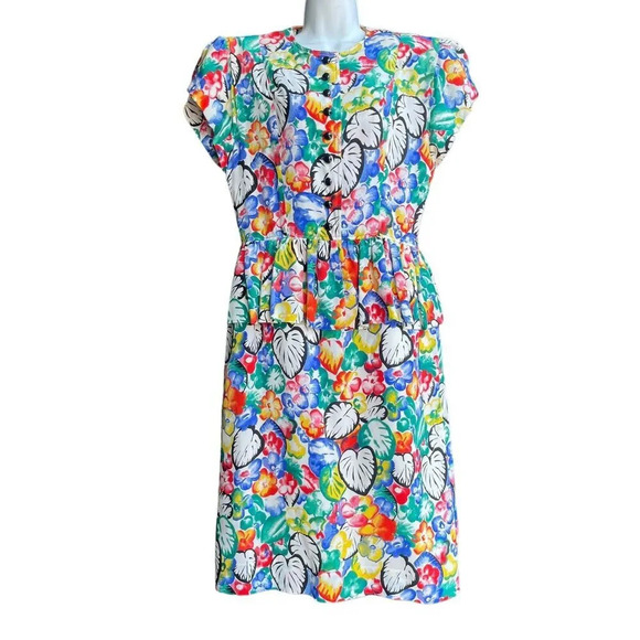 Vintage ALBERT NIPON Silk Peplum Dress Women’s Size 12 Floral Cap Sleeve Multi - Picture 1 of 4